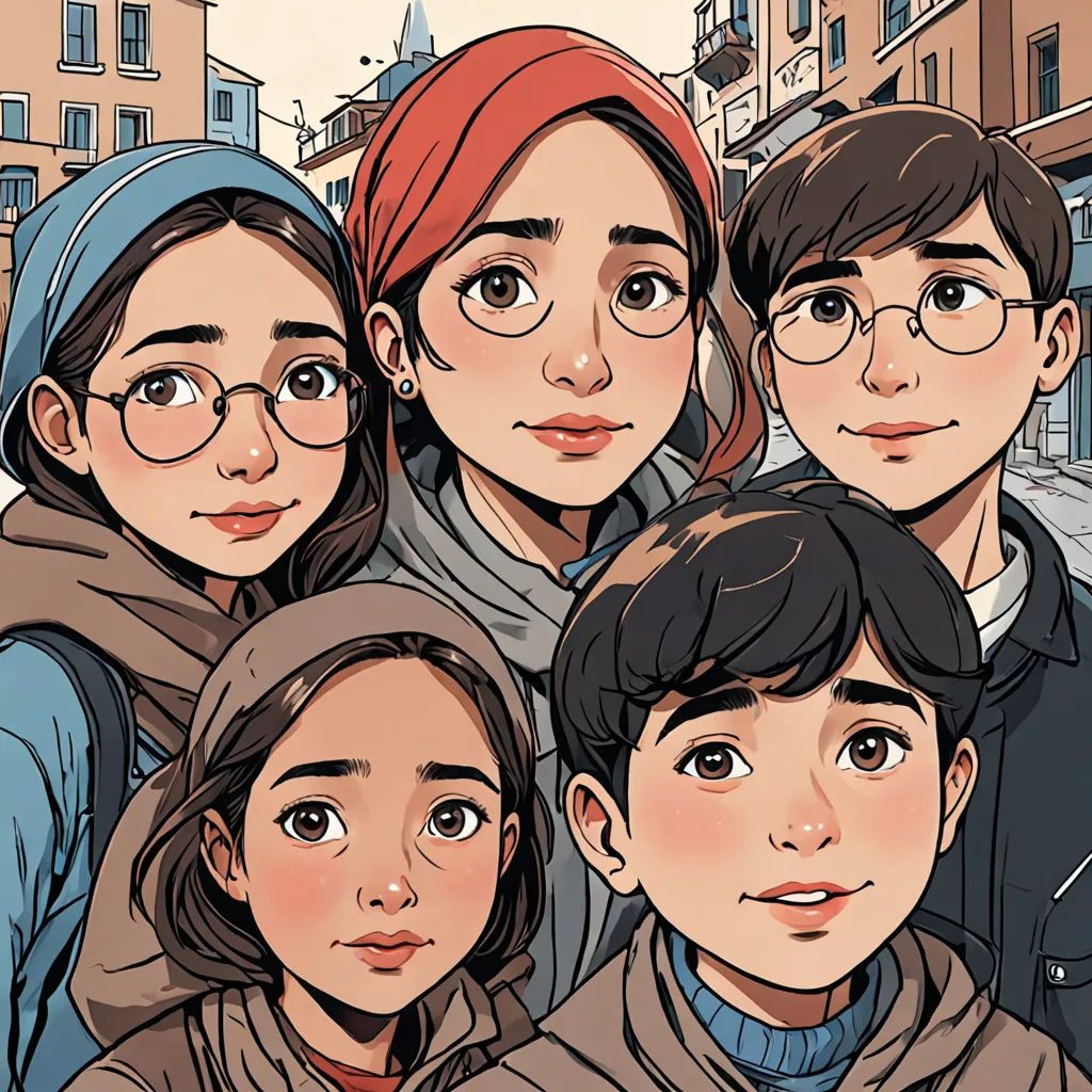 a group of people standing next to each other in front of a building with a sky background and a cityscape, process art, a comic book panel, Atey Ghailan, comic cover art