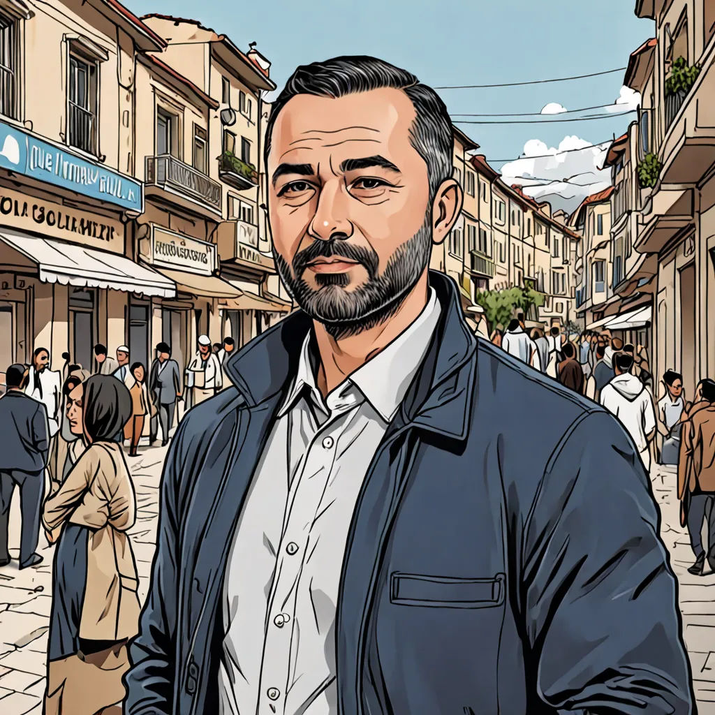 a man standing in a crowded city street with a building in the background and people walking around him on the sidewalk, unilalianism, a character portrait, Edo Murtić, promotional image