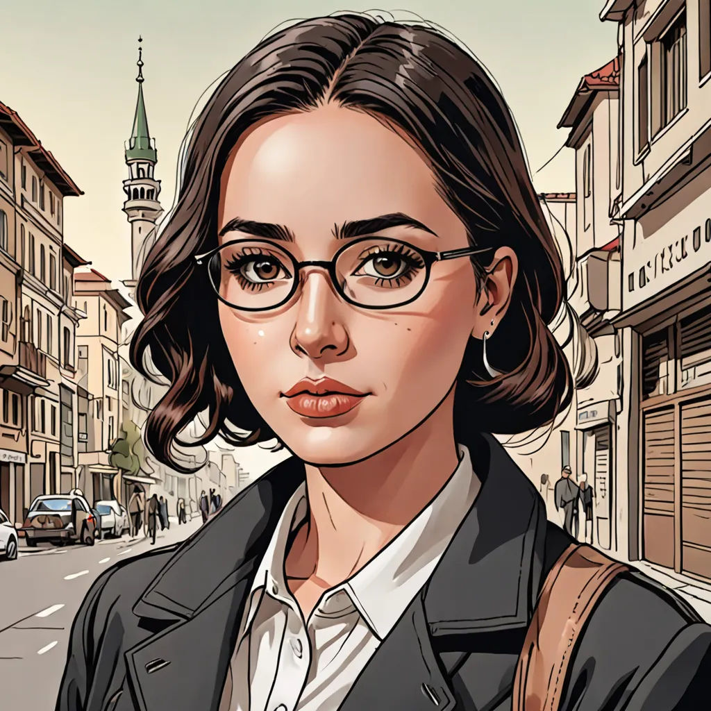 a woman with glasses and a jacket on a street corner with buildings in the background and a clock tower in the distance, photorealism, a character portrait, Cedric Peyravernay, comic book