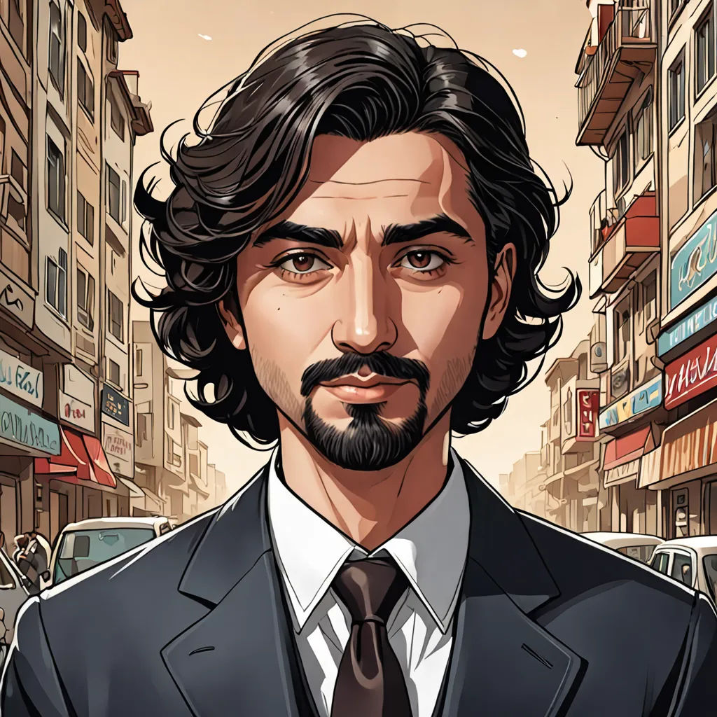 a man with a beard and a suit on in a city street with buildings and signs on the buildings, serial art, a character portrait, Amir Zand, character portrait