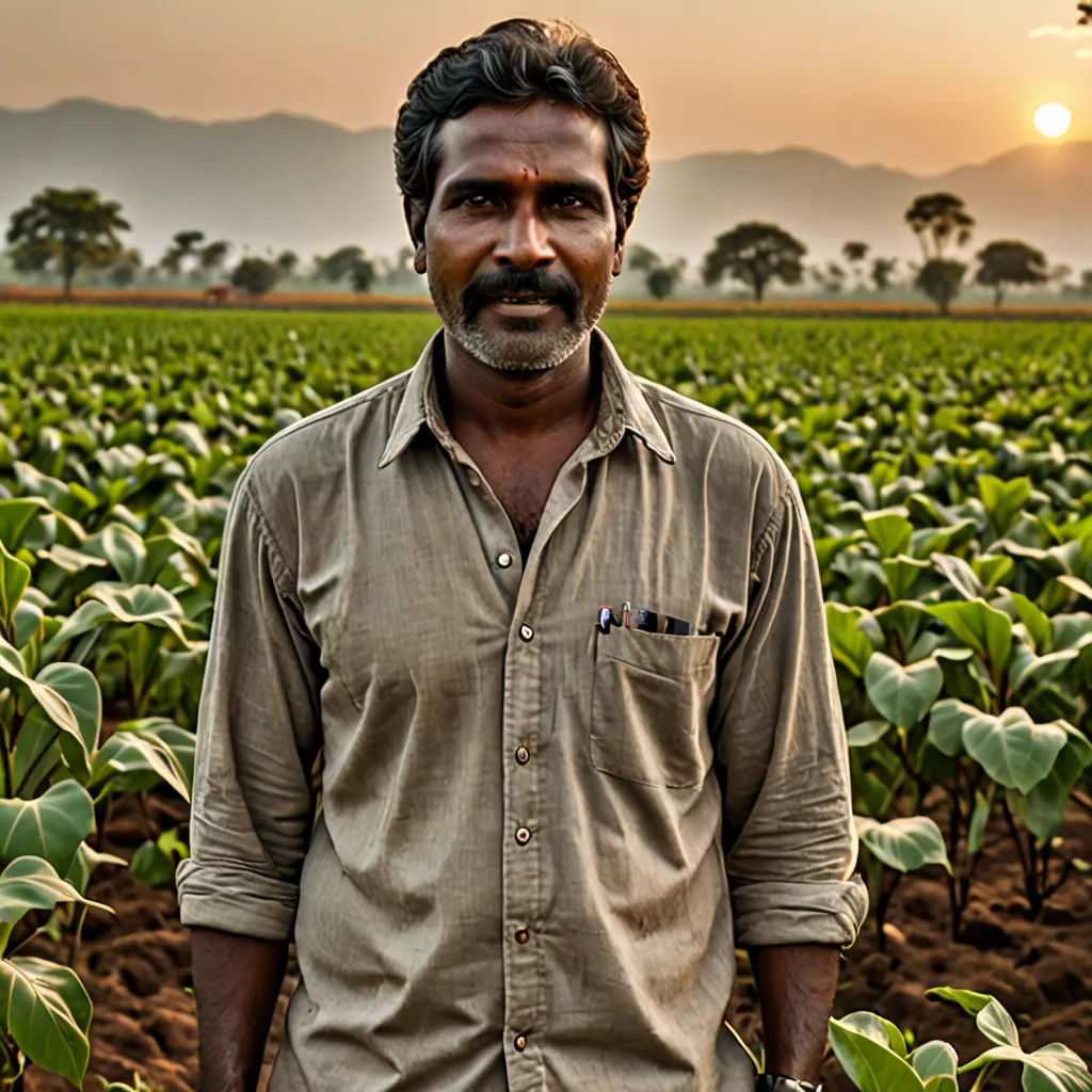 a man standing in a field of green plants at sunset with mountains in the background and a sun setting, samikshavad, a character portrait, Bholekar Srihari, jayison devadas