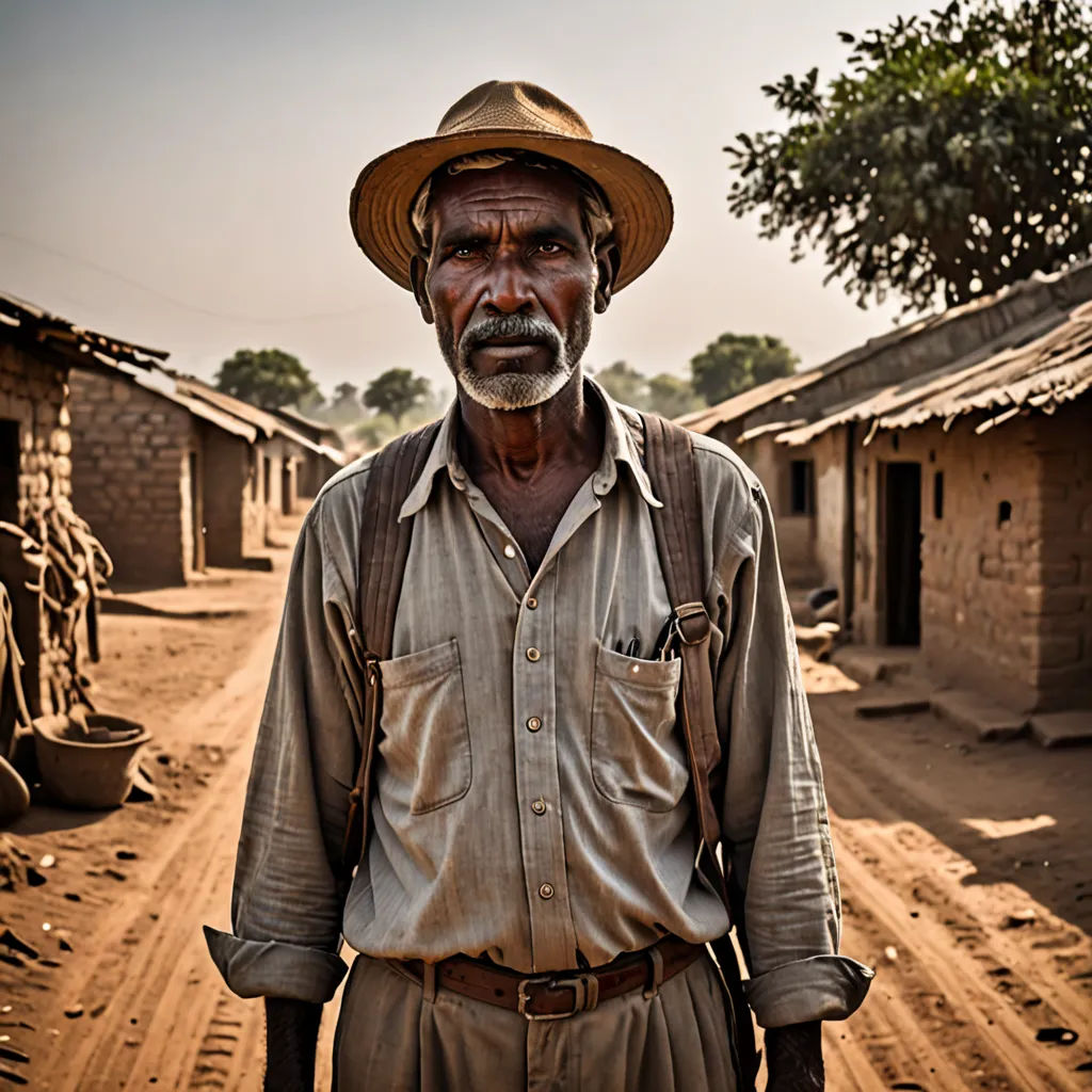a man in a hat and overalls standing in a dirt road in front of a village with houses, primitivism, a character portrait, Bruce Onobrakpeya, award - winning photography