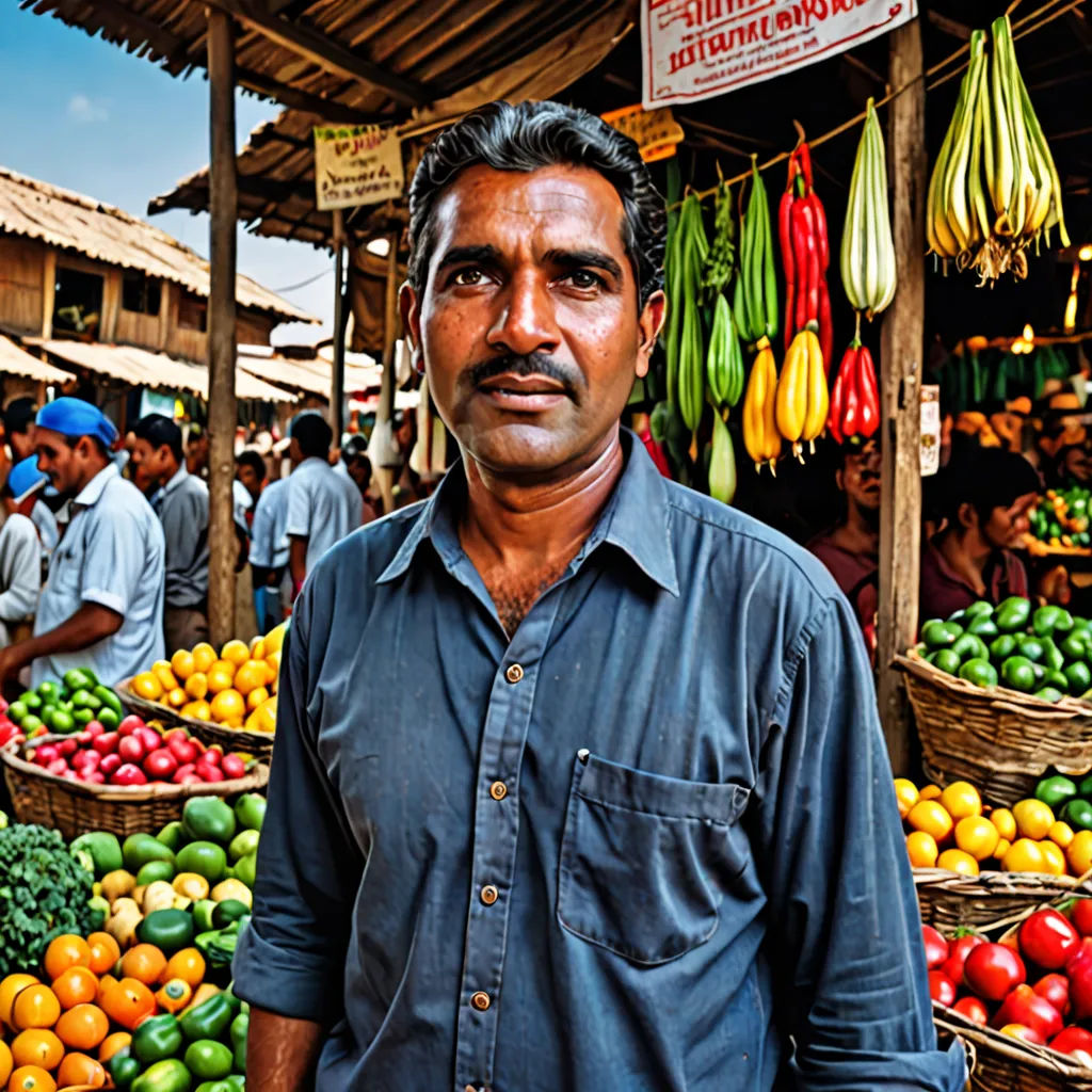 a man standing in front of a fruit stand with many different fruits and vegetables in baskets on display in front of him, samikshavad, a stock photo, Bikash Bhattacharjee, portrait photography