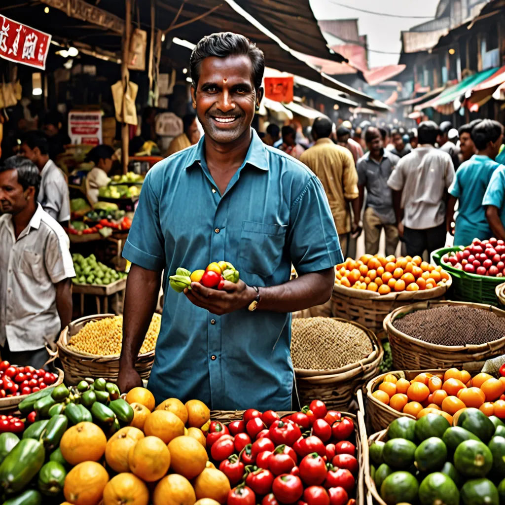 a man standing in front of a market filled with lots of fruit and vegetables and smiling for the camera, samikshavad, a stock photo, Bikash Bhattacharjee, professional food photography