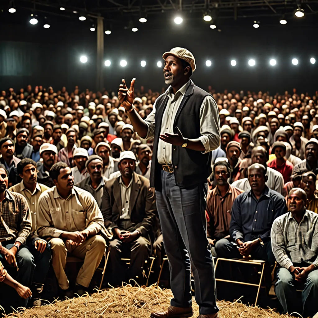a man standing in front of a crowd of people in a auditorium with a microphone in his hand and a microphone in his other hand, hurufiyya, a photo, Afewerk Tekle, promotional image