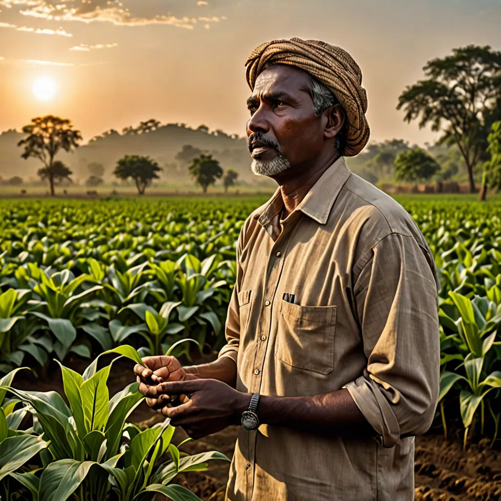 a man standing in a field of green plants with the sun setting behind him and a tree in the distance, samikshavad, a stock photo, Ella Guru, award-winning photograph