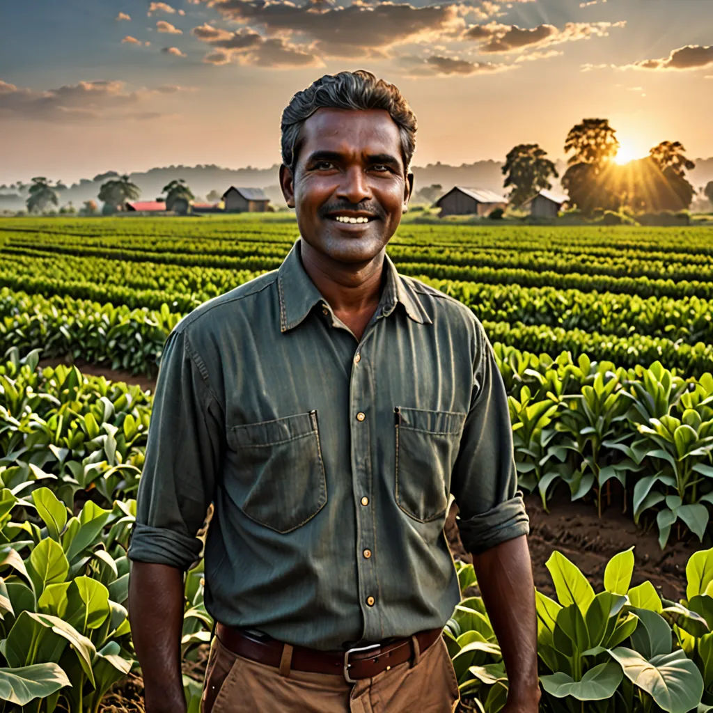 a man standing in a field of green plants with the sun setting behind him and a house in the distance, samikshavad, a character portrait, Bikash Bhattacharjee, jayison devadas