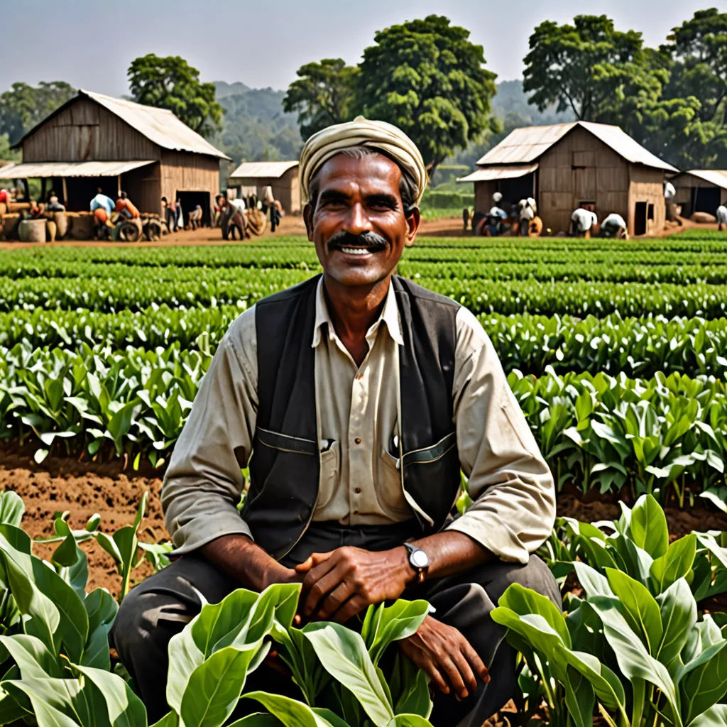 a man sitting in a field of green plants with a smile on his face and a farm in the background, regionalism, a jigsaw puzzle, Bikash Bhattacharjee, award-winning photograph