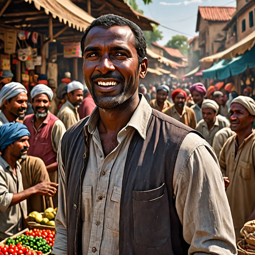 a man standing in front of a market filled with produce and people standing around him smiling for the camera, samikshavad, a character portrait, Ella Guru, promotional image