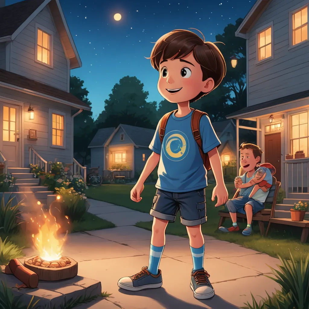 a boy standing in front of a fire pit with a little boy sitting on a bench in the background, american scene painting, a storybook illustration, Chris LaBrooy, official art