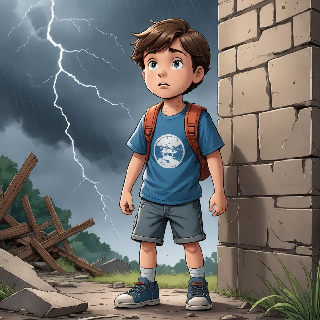 a boy standing in front of a wall with a storm in the background and a lightning in the sky, shock art, a storybook illustration, Cyril Rolando, comic cover art