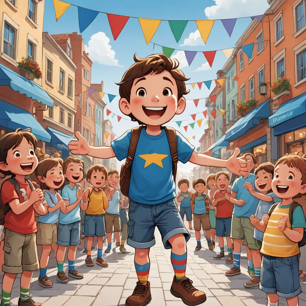 a boy is standing in front of a group of children in a street with a banner above him that says, happy birthday, paris school, a storybook illustration, Diego Gisbert Llorens, official art