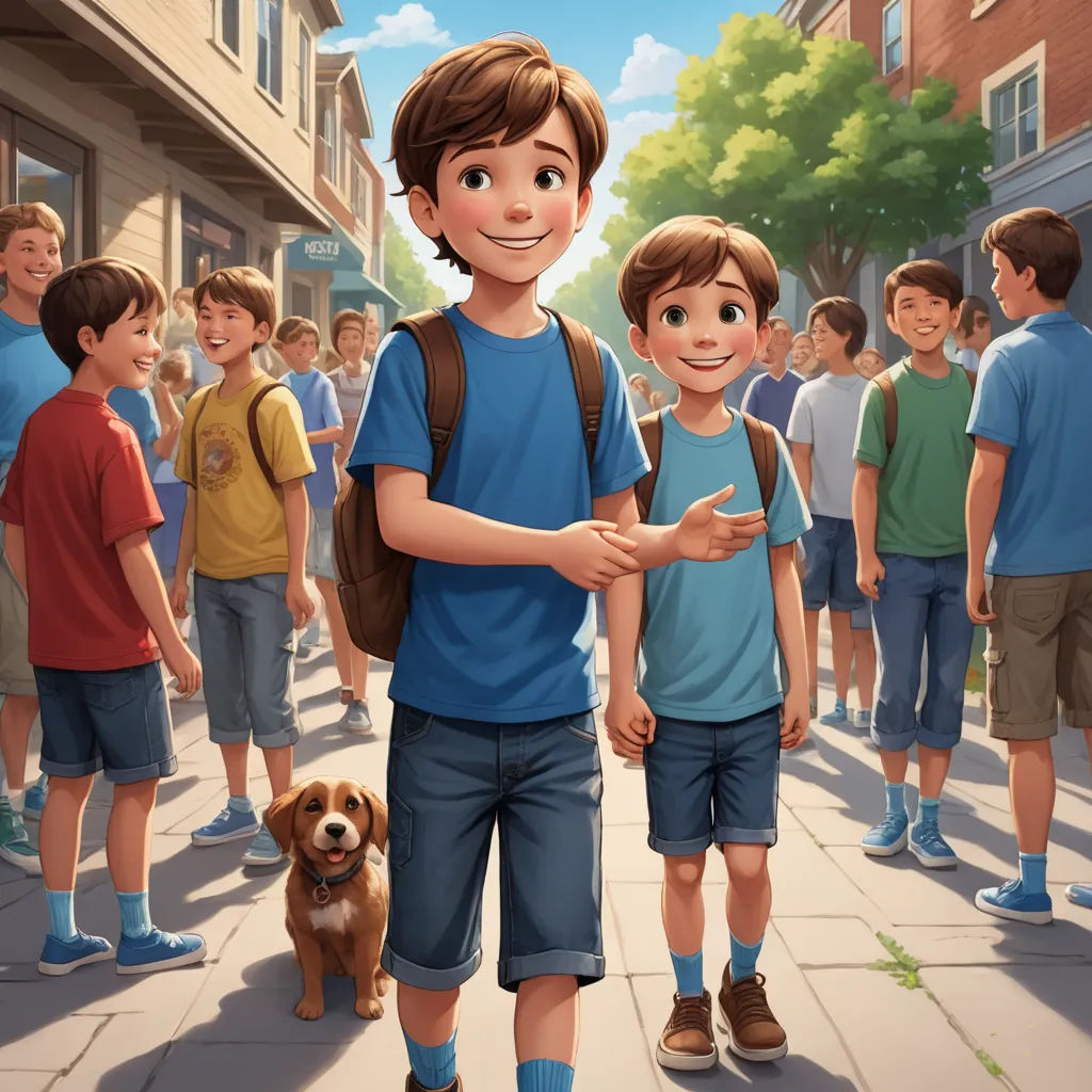 a boy and a boy are standing in front of a crowd of people on a sidewalk with a dog, american scene painting, a storybook illustration, Brothers Hildebrandt, official art