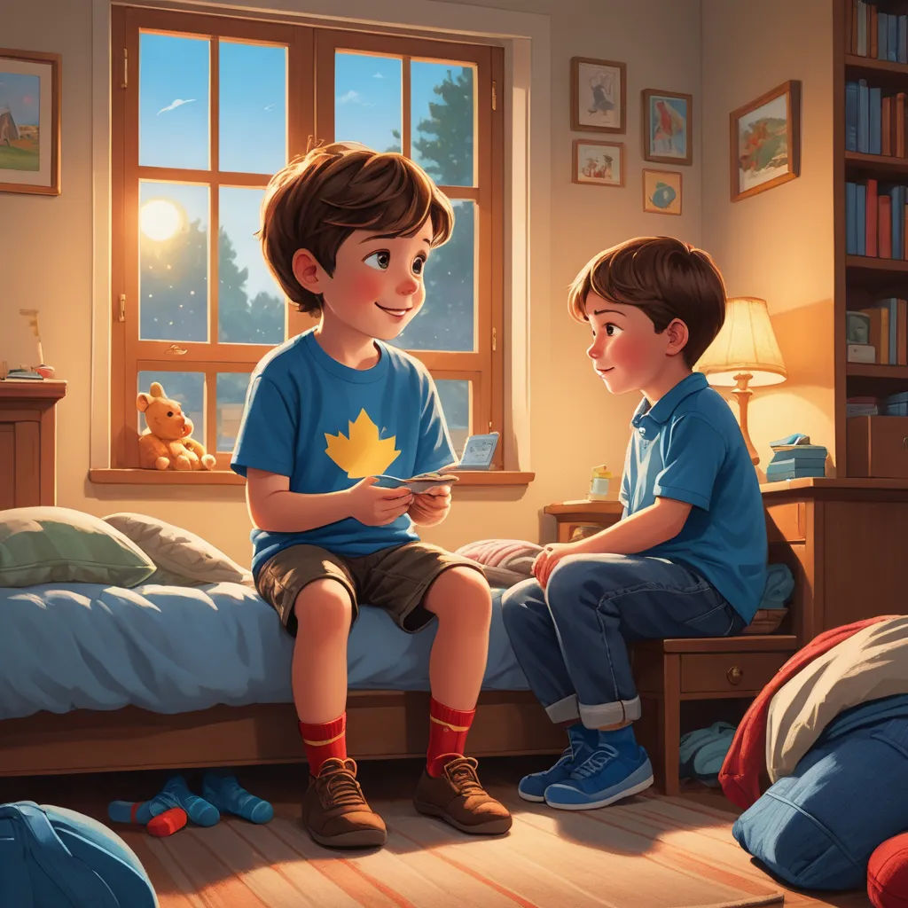 a boy and a boy sitting on a bed in a room with a window and a teddy bear on the bed, american scene painting, a storybook illustration, Brothers Hildebrandt, storybook illustration