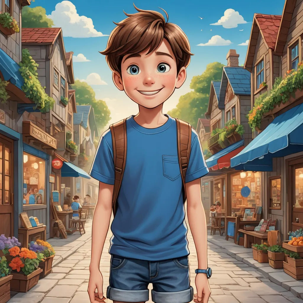 a boy in a blue shirt and shorts standing in front of a street with a storefront and a flower shop, photorealism, a storybook illustration, Cliff Childs, kinkade