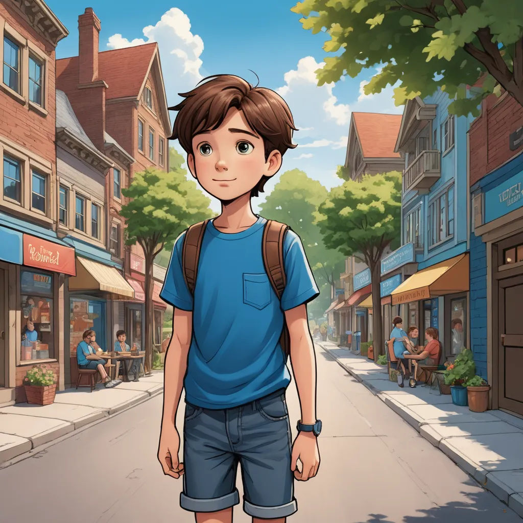 a boy standing in the middle of a street in front of a storefront with a woman sitting on a bench, american scene painting, a storybook illustration, Cliff Childs, rossdraws global illumination