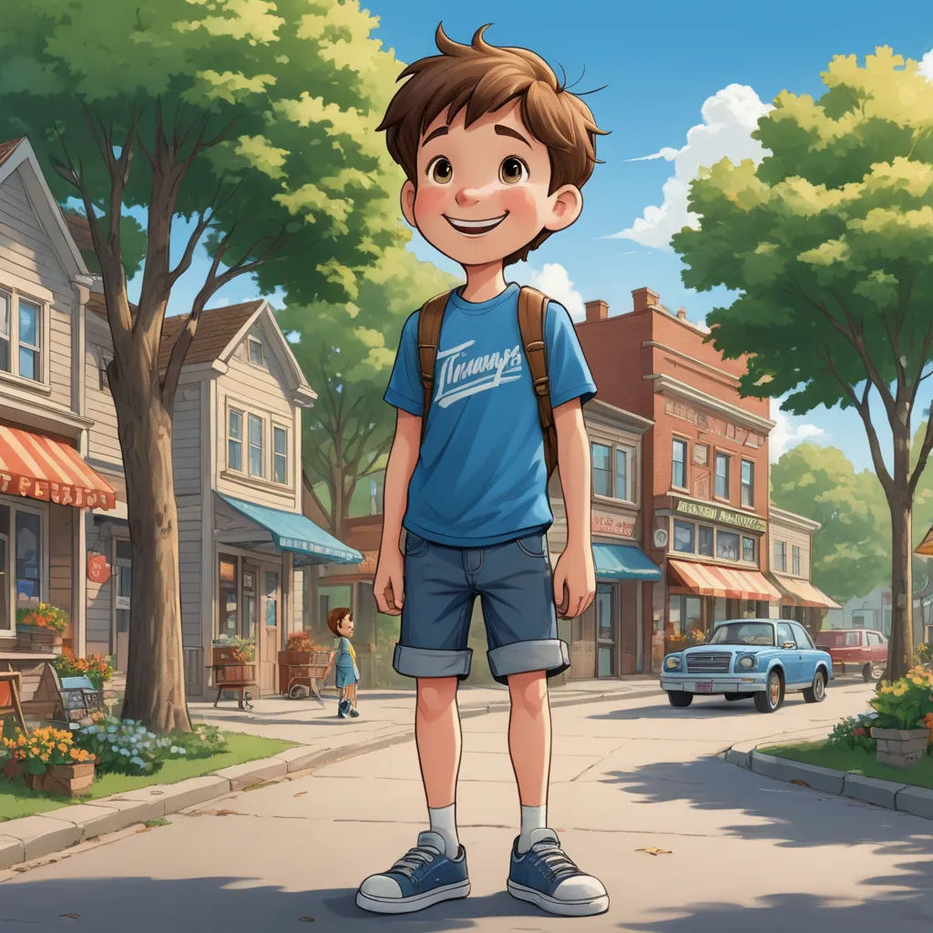 a boy standing on a street in front of a row of houses with a car parked on the side, american scene painting, a storybook illustration, Chris LaBrooy, official art
