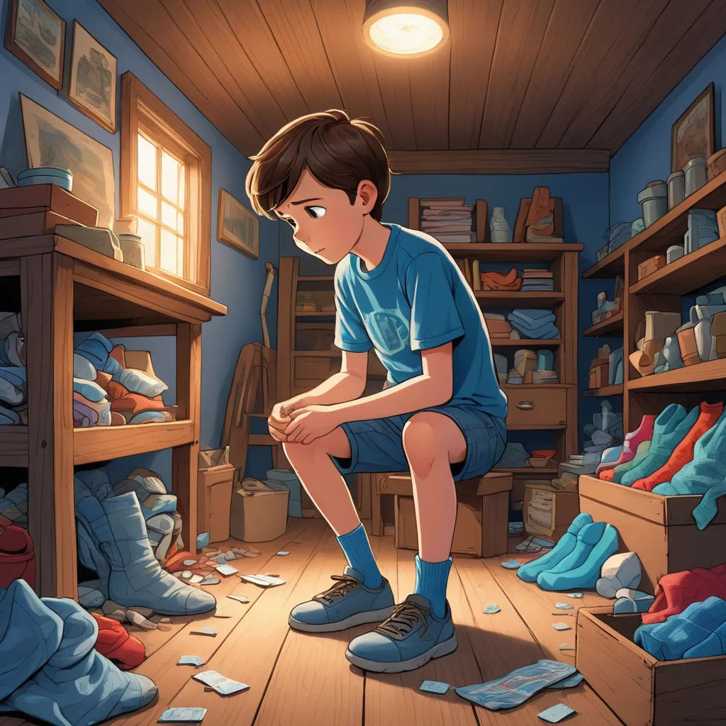 a boy sitting on a chair in a messy room with shoes scattered all over the floor and a lot of papers scattered all over the floor, sots art, a storybook illustration, Diego Gisbert Llorens, rossdraws global illumination
