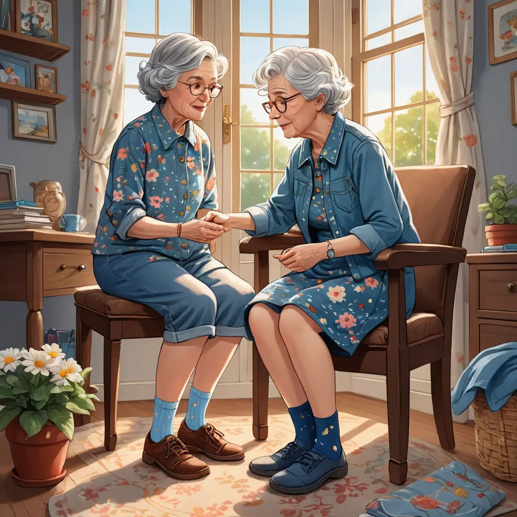 a painting of two older women sitting in a chair looking at each other's hands while they talk, american scene painting, a storybook illustration, F. Scott Hess, highly detailed digital painting