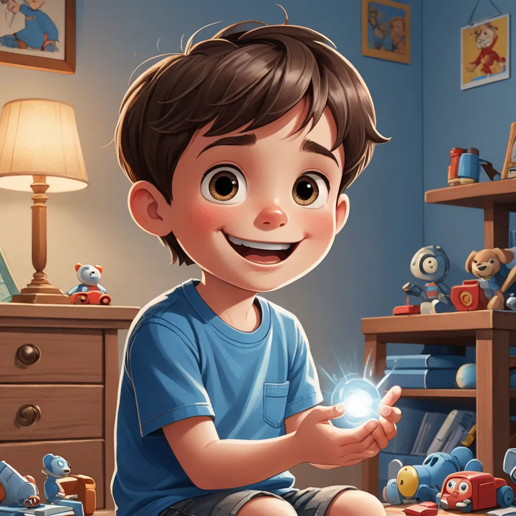 a boy sitting on the floor holding a glowing ball in his hands and smiling at the camera with a blue wall in the background, photorealism, a storybook illustration, Diego Gisbert Llorens, rossdraws global illumination