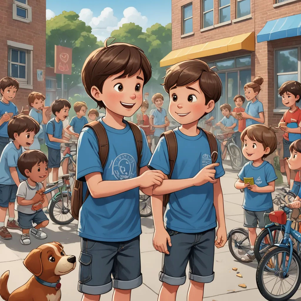 a boy and a boy in blue shirts standing in front of a crowd of people with bicycles and bicycles, paris school, a storybook illustration, Brothers Hildebrandt, official art
