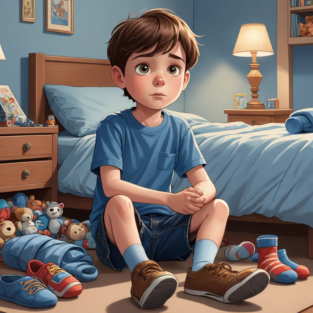a boy sitting on the floor in front of a bed with a pile of shoes on the floor and a teddy bear on the floor, photorealism, a storybook illustration, Diego Gisbert Llorens, cgstudio