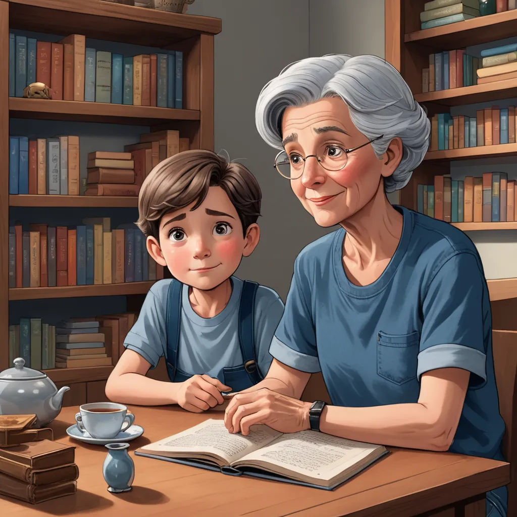 a woman and a boy are sitting at a table with a book and a teapot in front of them, magical realism, a storybook illustration, Diego Gisbert Llorens, storybook illustration