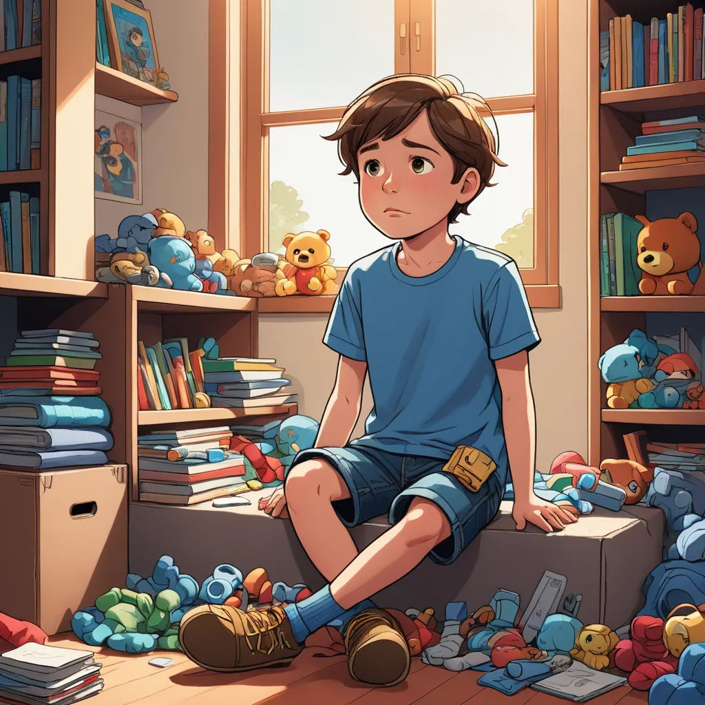 a boy sitting on a box in a room filled with toys and books, with a teddy bear on the floor, serial art, a storybook illustration, Diego Gisbert Llorens, rossdraws global illumination