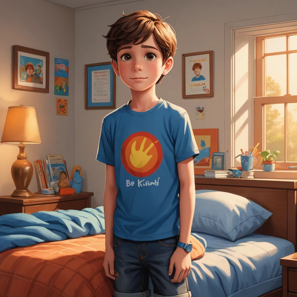 a boy standing in a bedroom with a bed and a window in the background with a picture of a hand on the t - shirt, sots art, concept art, Alejandro Burdisio, official art
