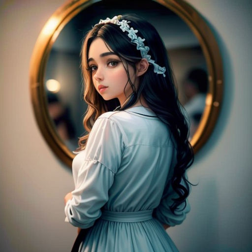 a woman in a dress is looking at herself in a mirror with a flower in her hair and a flower in her hair