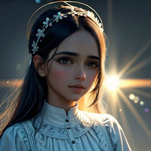 a girl with a flower crown on her head and a sun shining behind her head and a halo of flowers in her hair