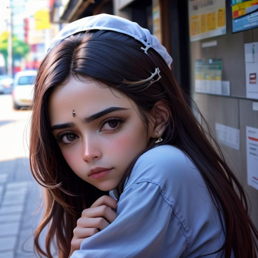 a woman with a headband leaning against a wall on a city street with a car in the background