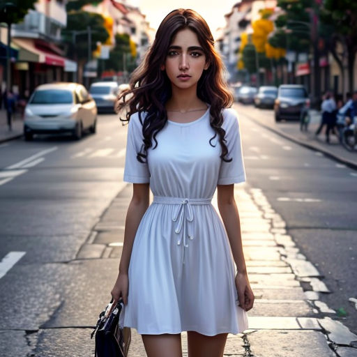 a woman in a white dress is walking down the street with a purse and purse bag in her hand