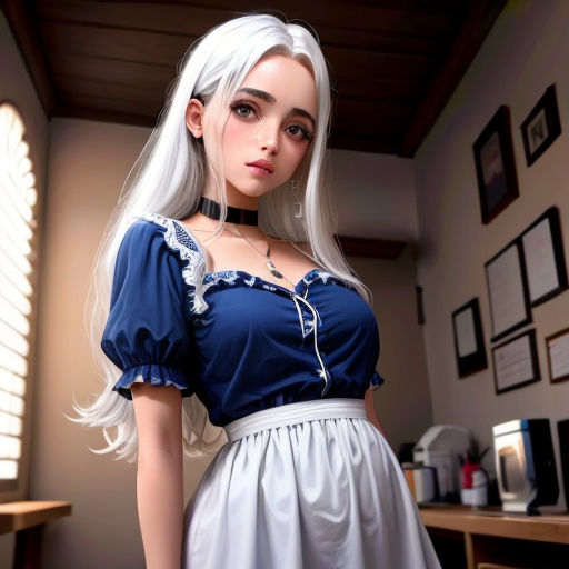 a woman with white hair and a blue dress is standing in a room with a window and a table