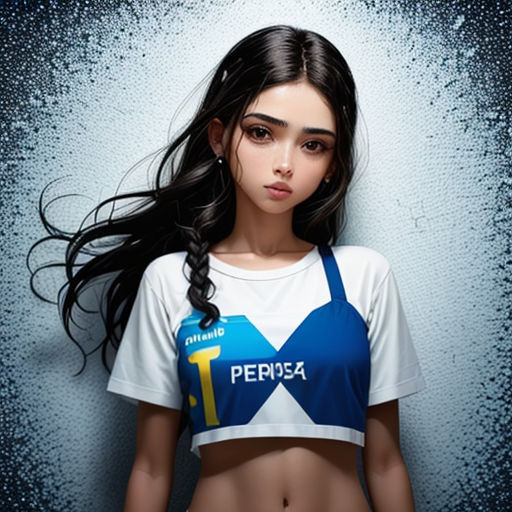 a girl with long hair wearing a shirt and shorts with a blue and white design on it's chest