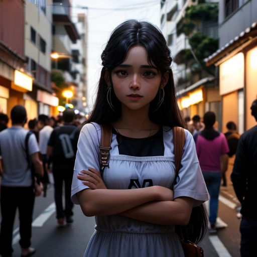 a girl with her arms crossed standing in a crowded street in a city at night time with people walking around