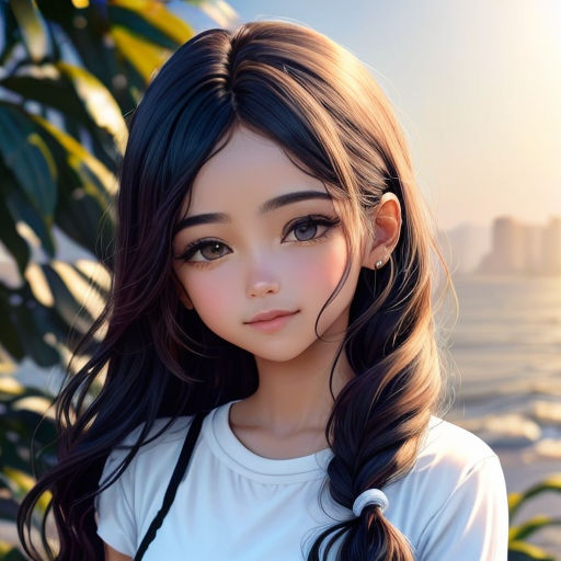a girl with long hair and a white shirt is standing near a tree and water with a city in the background