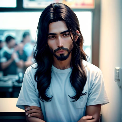 a man with long hair and a beard standing in front of a window with his arms crossed and his arms crossed