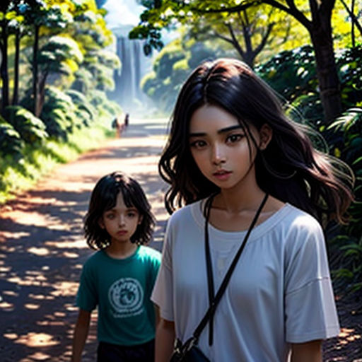 a woman and a child walking down a dirt road in the woods with a waterfall in the background,