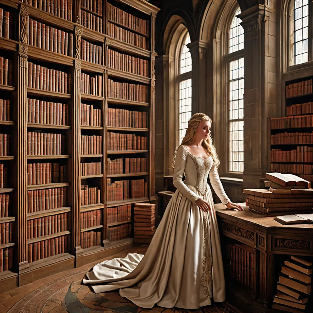 a woman in a long dress standing in a library with books on the shelves and a desk with a bookcase, gothic art, a storybook illustration, Annie Leibovitz, promotional image
