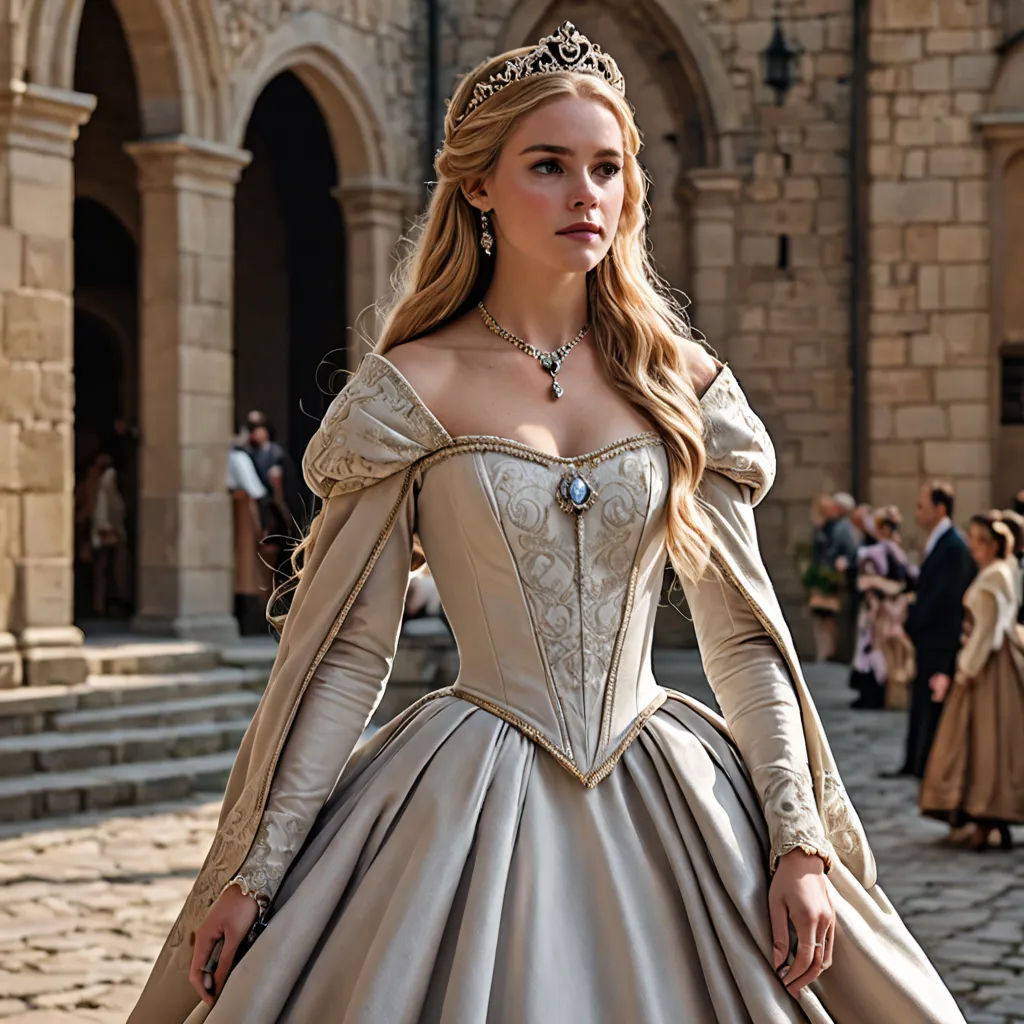 a woman in a dress standing in front of a castle like building with people around her and a man in a suit, renaissance, a poster, Celia Fiennes, promotional image