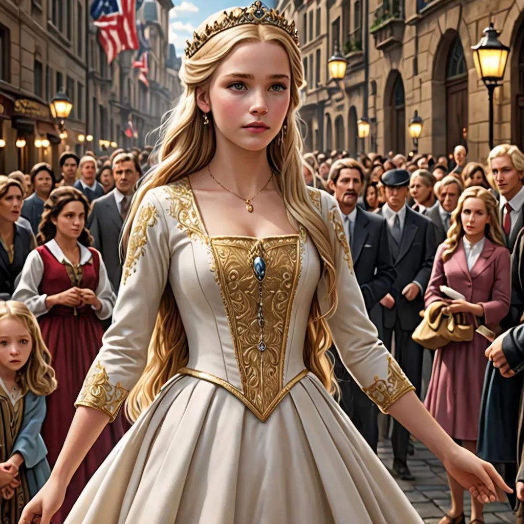 a woman in a white dress standing in front of a crowd of people in a city street with a flag, fantasy art, a detailed painting, Anne Said, official art