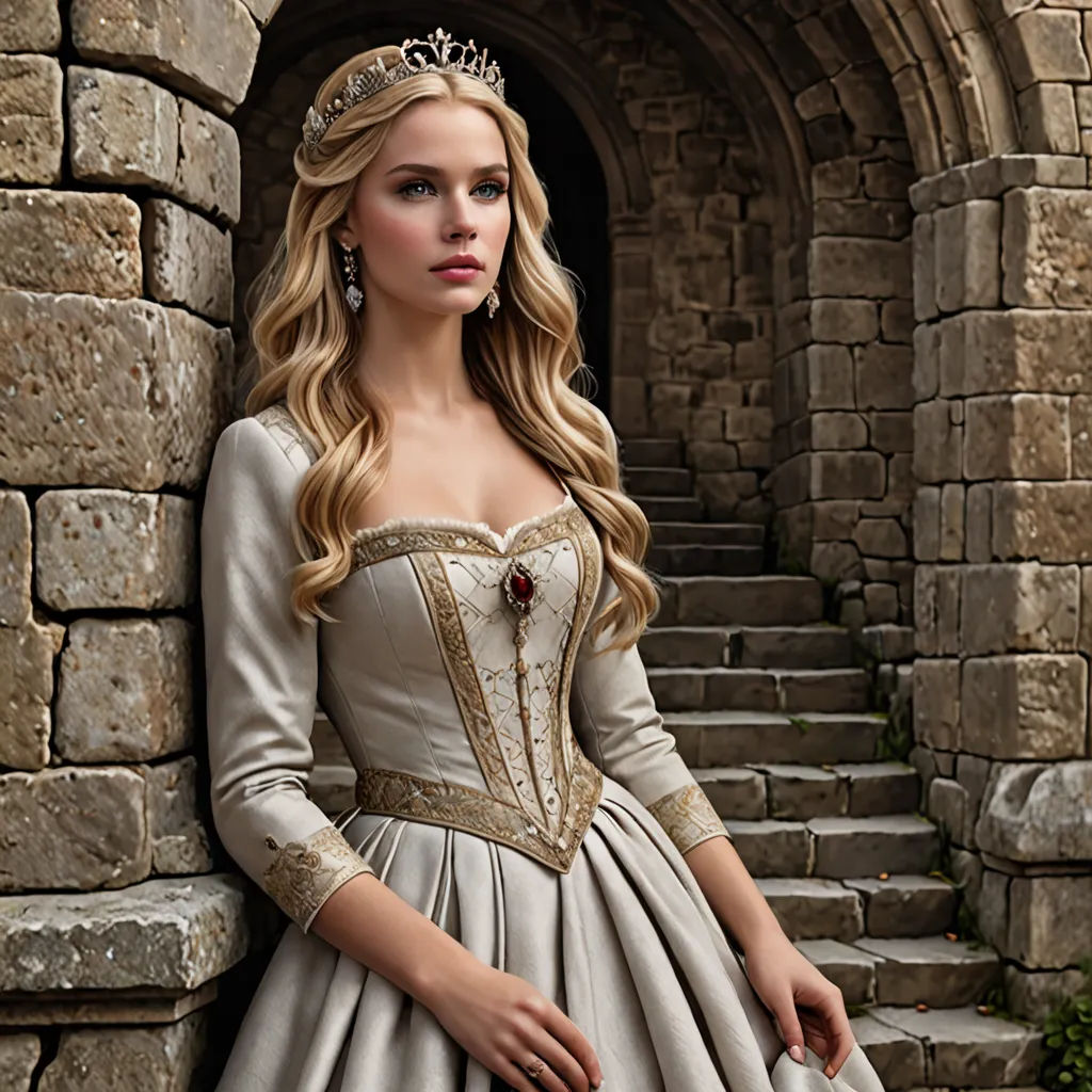 a woman in a dress standing in front of a stone building with a stone staircase and a stone archway, gothic art, a detailed matte painting, Anna Maria Barbara Abesch, promotional image