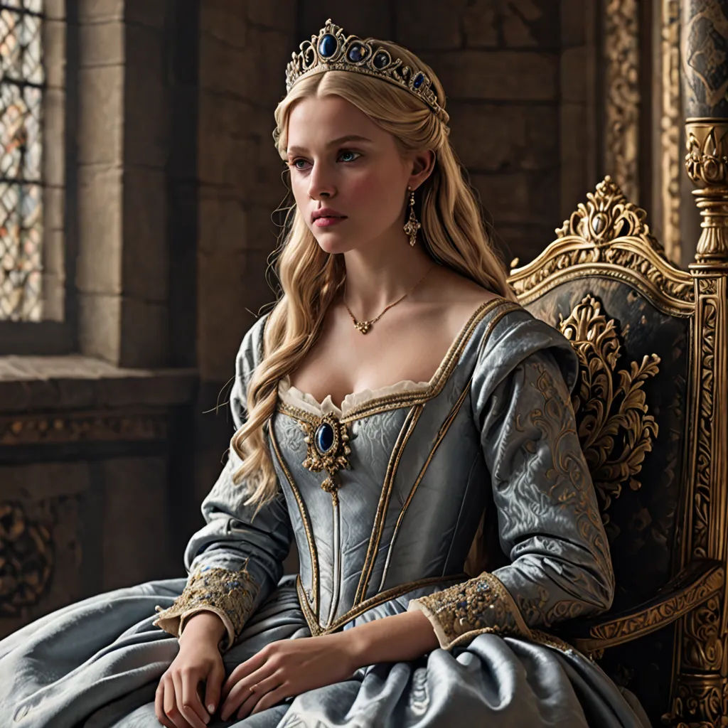 a woman in a blue dress sitting on a chair in a castle like setting with a window behind her, renaissance, a flemish Baroque, Anna Maria Barbara Abesch, promotional image