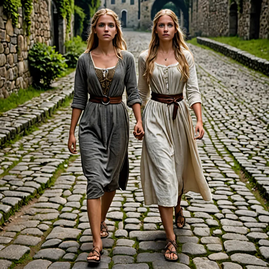 two women walking down a cobblestone road in a medieval setting with a castle in the background,, antipodeans, a detailed matte painting, Annie Leibovitz, promotional image