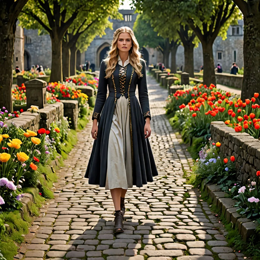 a woman in a dress and coat walking down a brick path with flowers in the background and a stone wall, arts and crafts movement, a detailed matte painting, Anna Maria Barbara Abesch, promotional image