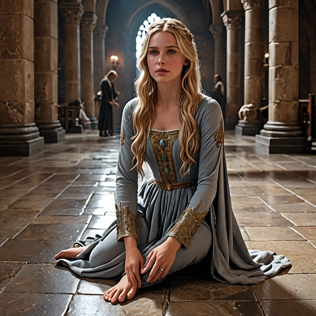 a woman sitting on the floor in a building with a long dress on and a crown on her head, gothic art, a character portrait, Christabel Dennison, promotional image