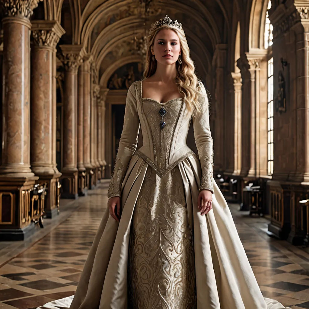 a woman in a gown and tiara standing in a hall with columns and arches on either side of her, renaissance, a poster, Anna Maria Barbara Abesch, movie still