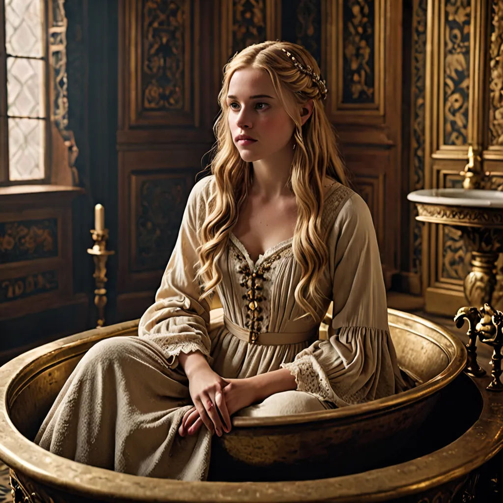 a woman sitting in a bathtub in a room with ornate walls and a window behind her, wearing a long dress, gothic art, a flemish Baroque, Anna Maria Barbara Abesch, promotional image