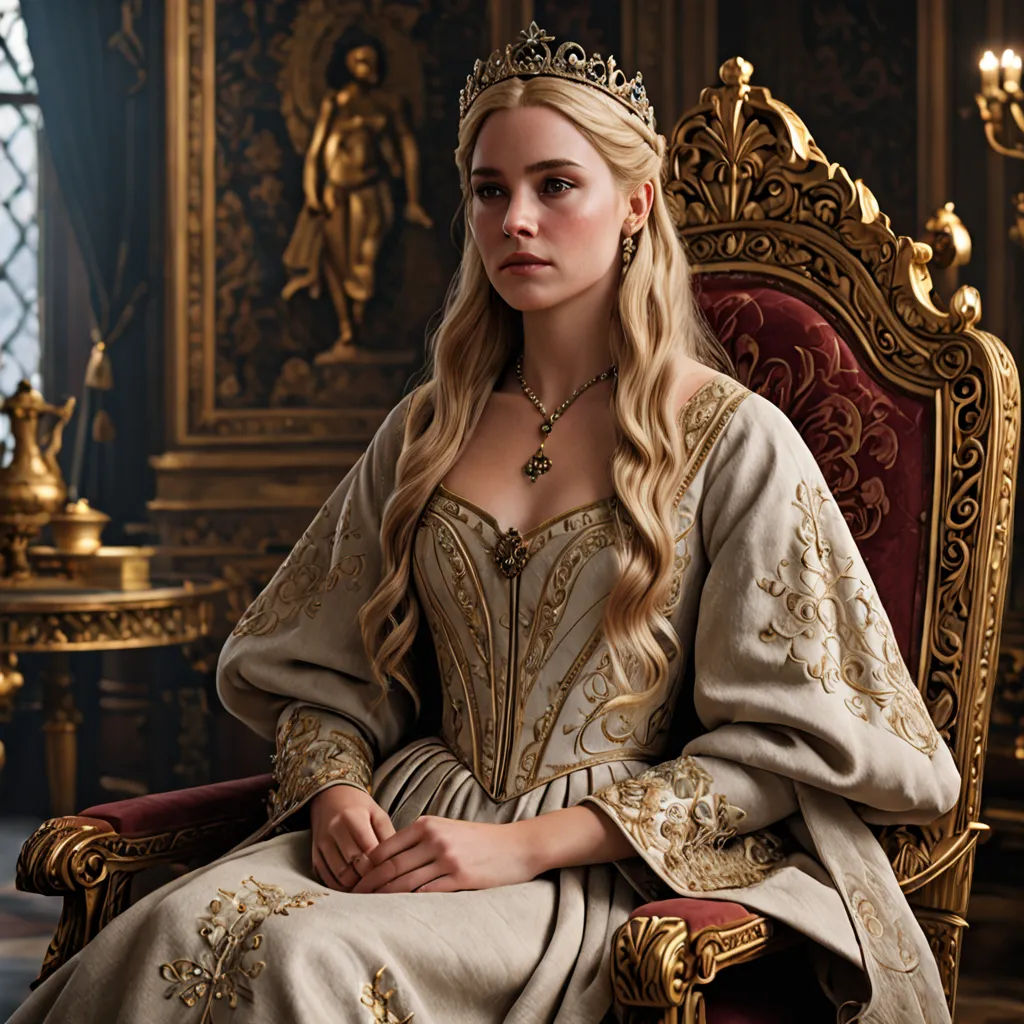 a woman in a white dress sitting on a red chair in a room with gold decorations and a window, renaissance, a character portrait, Anna Maria Barbara Abesch, promotional image